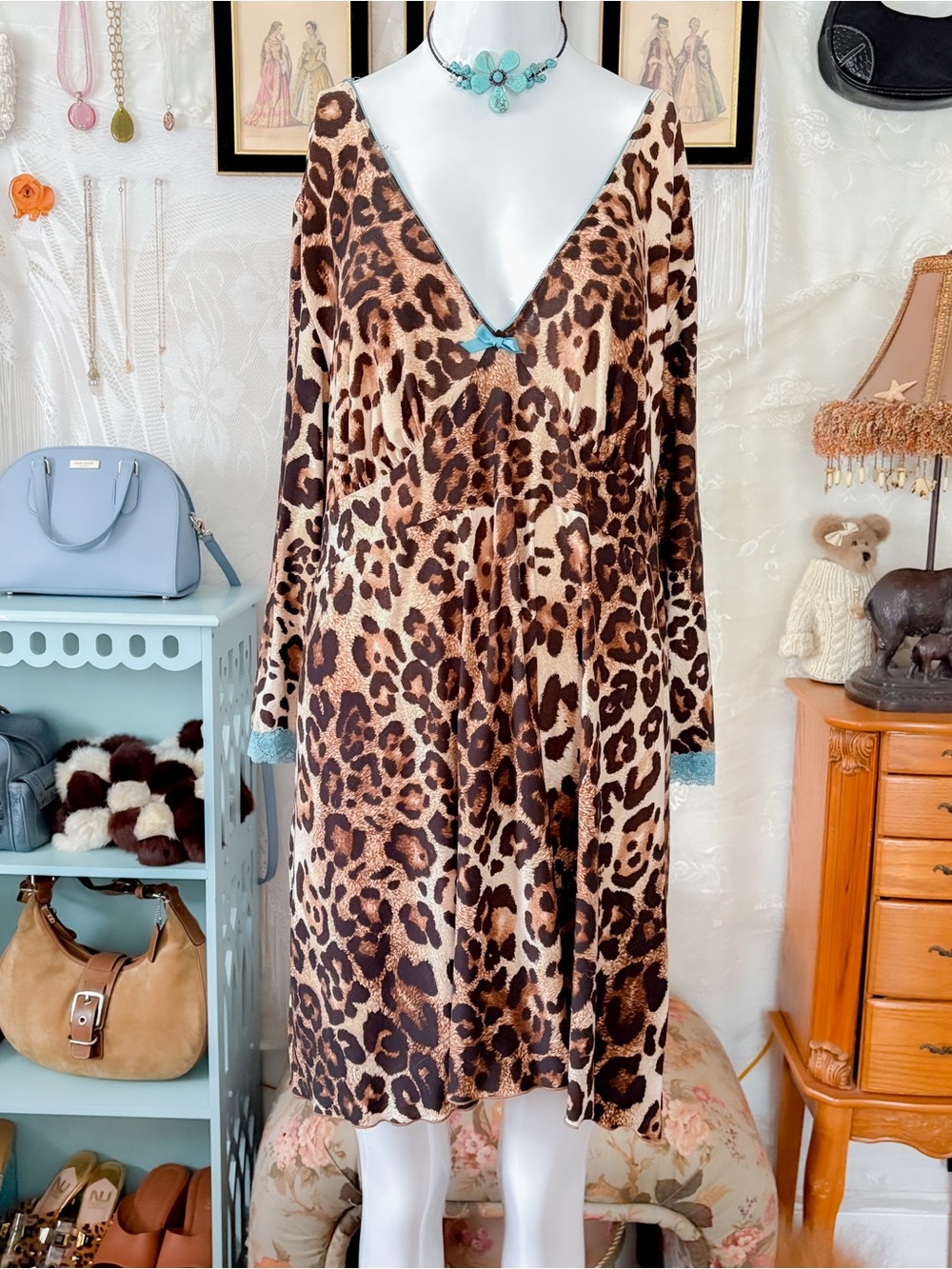 Vintage Y2K girly empire waist animal print leopard blue lace trim dress